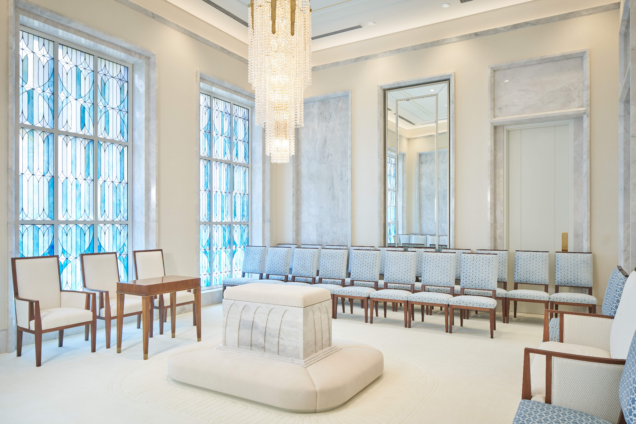 A white room in the Brasília Brazil Temple.