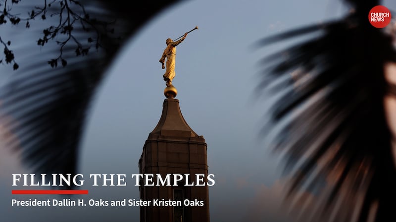 A close-up of the statue of the angel Moroni atop the Urdaneta Philippines Temple, with the text “Filling the Temples” on screen.