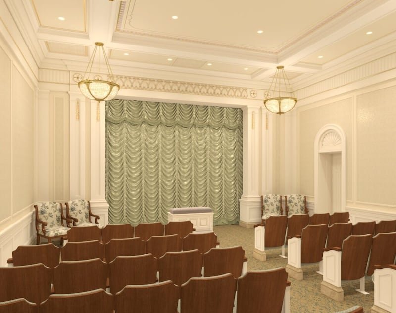 A rendering of an Instruction room of the Deseret Peak Utah Temple.