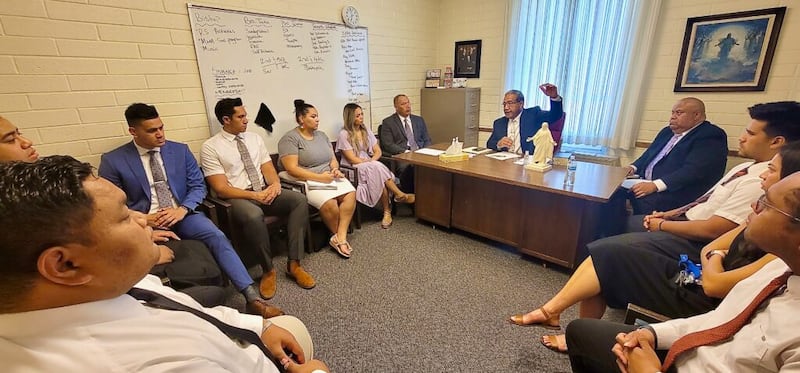 Bishop Paula F. Ika leads a ward council discussion in the Provo YSA 221st Ward (Tongan) on Sunday, June 13, 2021, in an Orem, Utah, meetinghouse.