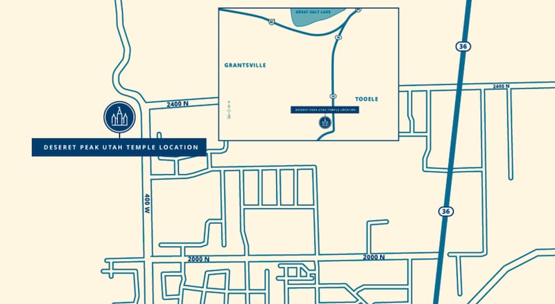 Site location map of the Deseret Peak Utah Temple in Tooele, Utah.