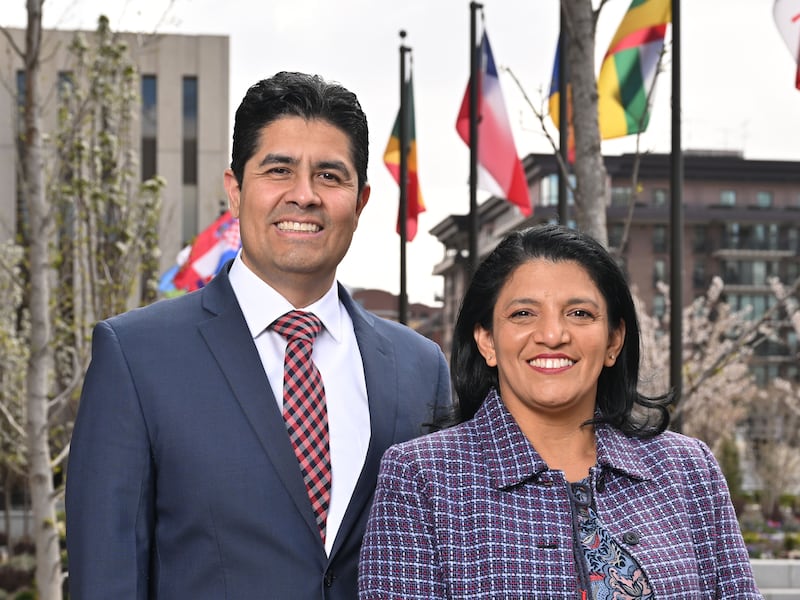 Elder Sandino Roman, a new General Authority Seventy, and his wife, Sister Guadalupe Villanueva Rojas, pose for a photo at Temple Square in Salt Lake City on Monday, April 8, 2024.New General Authority photos in Salt Lake City.