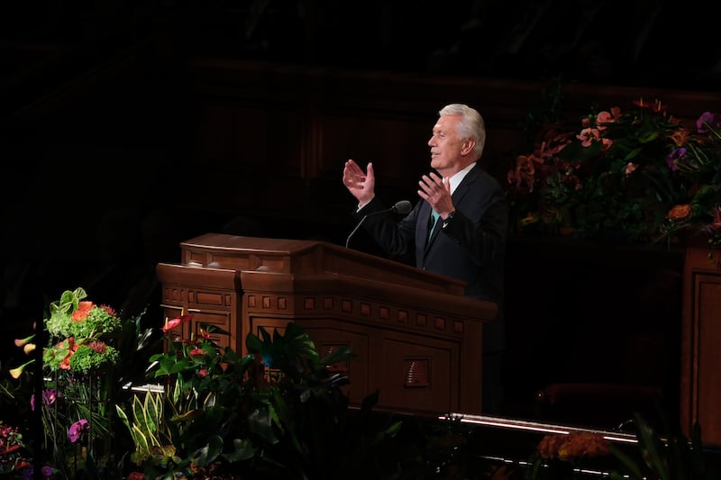 Elder Dieter F. Uchtdorf of the Quorum of the Twelve Apostles speaks during the Saturday evening session of the 194th Annual General Conference of The Church of Jesus Christ of Latter-day Saints on April 6, 2024.