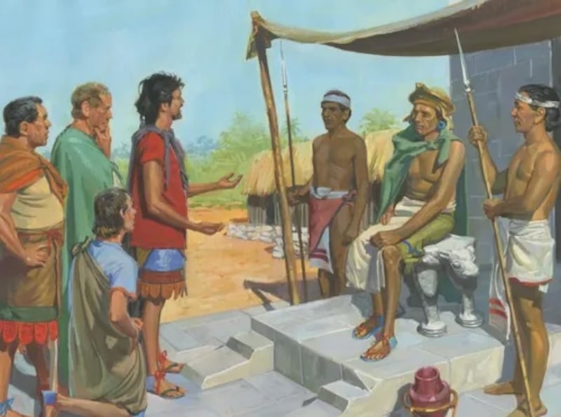 Zeniff speaks with King Laman in this painting from The Church of Jesus Christ of Latter-day Saints.