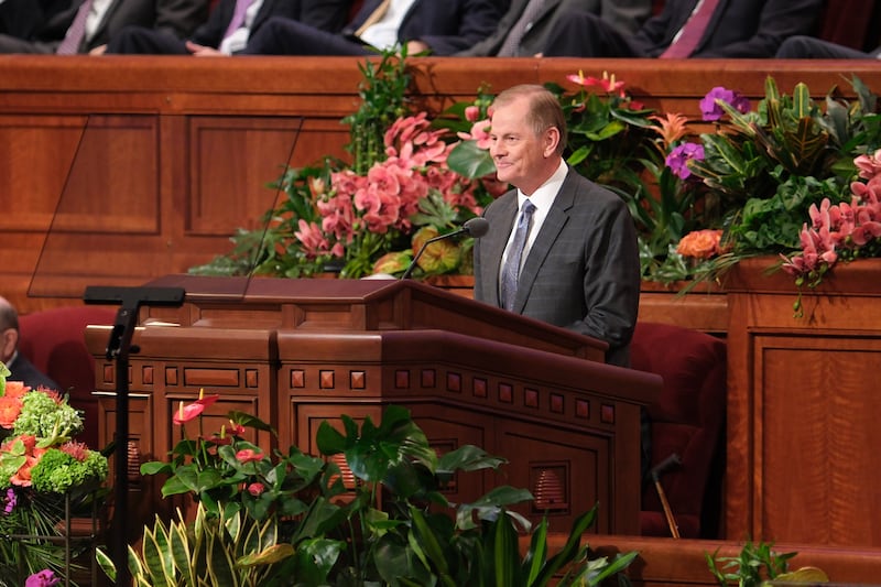 Elder Gary E. Stevenson of the Quorum of the Twelve Apostles conducts the Saturday afternoon session of the 194th Annual General Conference of The Church of Jesus Christ of Latter-day Saints on April 6, 2024.