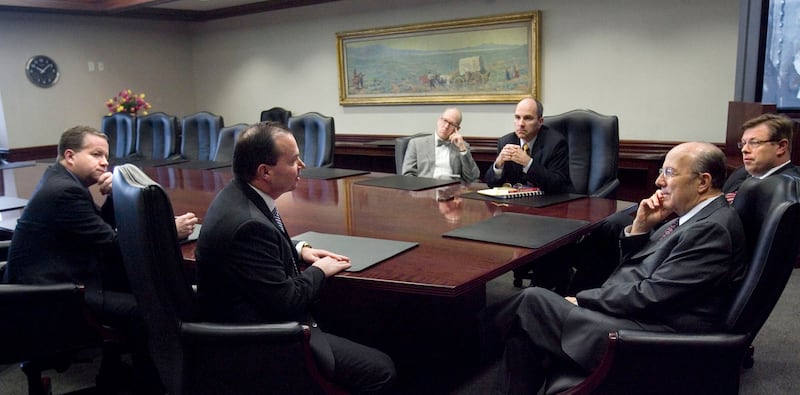 U.S. Senator Mike Lee sits at a table with the Deseret News editorial board on March 27, 2013.