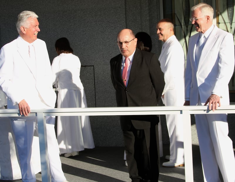 President Dieter F. Uchtdorf and Elder D. Todd Christofferson during the cornerstone ceremony of the Cordoba Argentina Temple in 2015.