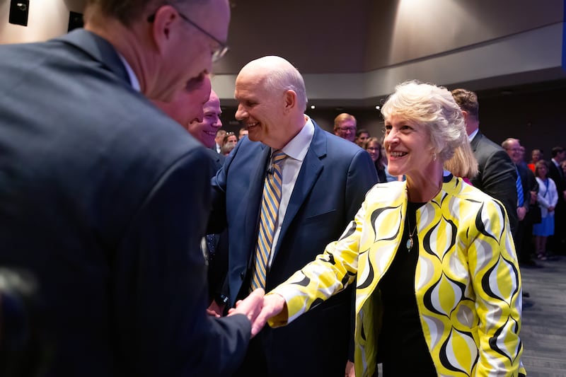 After his keynote address, Elder Dale G. Renlund of the Quorum of the Twelve Apostles and his wife, Sister Ruth Renlund, shake hands with attendees of the first-ever Religious Educators Conference held at the Joseph Smith Building on the Brigham Young University Campus in Provo, Utah, on Tuesday June 18, 2024.