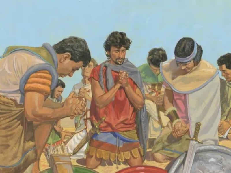 Zeniff prays with his people in this painting from The Church of Jesus Christ of Latter-day Saints.