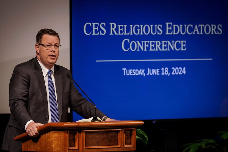 Elder Clark G. Gilbert, the commissioner of Church education, speaks during the first-ever Religious Educators Conference held in the Joseph Smith Building on the BYU campus in Provo, Utah, on Tuesday, June 18, 2024.