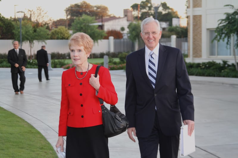 Elder D. Todd Christofferson and his wife, Sister Kathy Christofferson, arrive for the 2015 dedication of the Cordoba Argentina Temple.