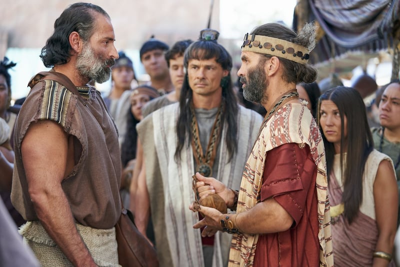 Amulek, left, contends with Zeezrom in this picture from the Book of Mormon Videos.