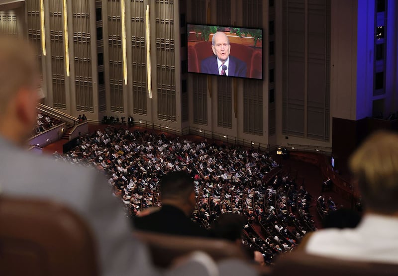 President Russell M. Nelson speaks through video message during the 193rd Semiannual General Conference.