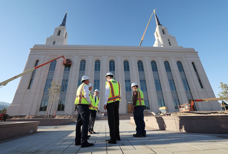 The Presiding Bishopric tours the construction site of the Layton Utah Temple. 