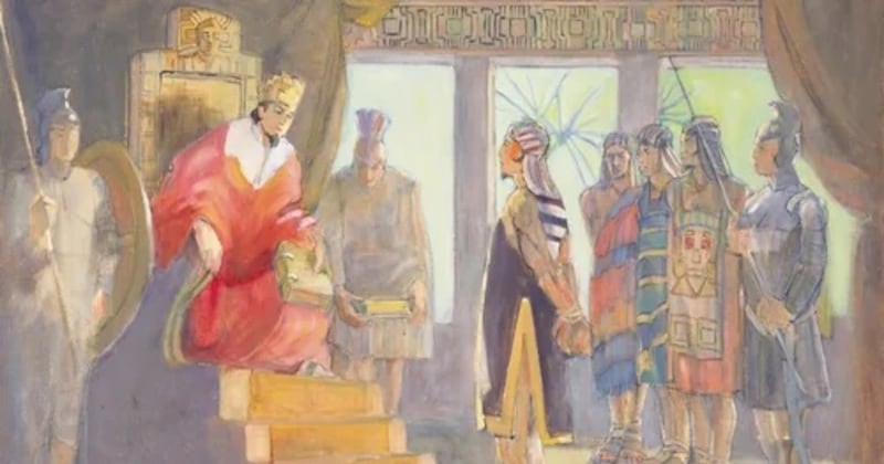 "Ammon before King Limhi" is by Minerva Teichert.