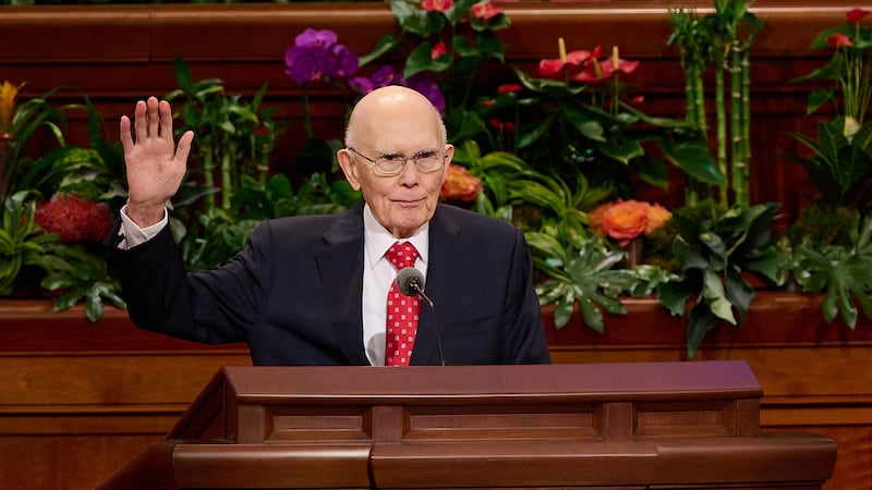 President Dallin H. Oaks, first counselor in the First Presidency of The Church of Jesus Christ of Latter-day Saints, leads the sustaining of Church leaders during the Saturday morning session of the 194th Annual General Conference on April 6, 2024.