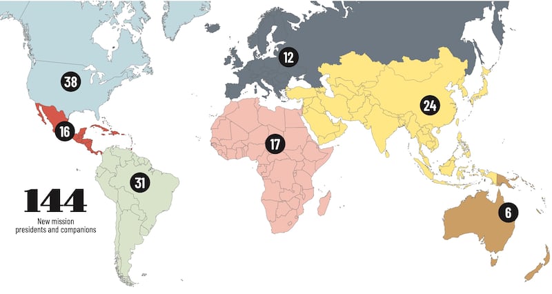 A map showing the number of new mission presidents for 2024 by area.