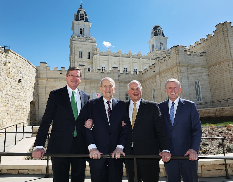 Elder Pearson, left, President Nelson, Elder Rasband and Elder Duncan, pose for a photo in front of the Manti Utah Temple prior to the rededication on Sunday, April 21, 2024.