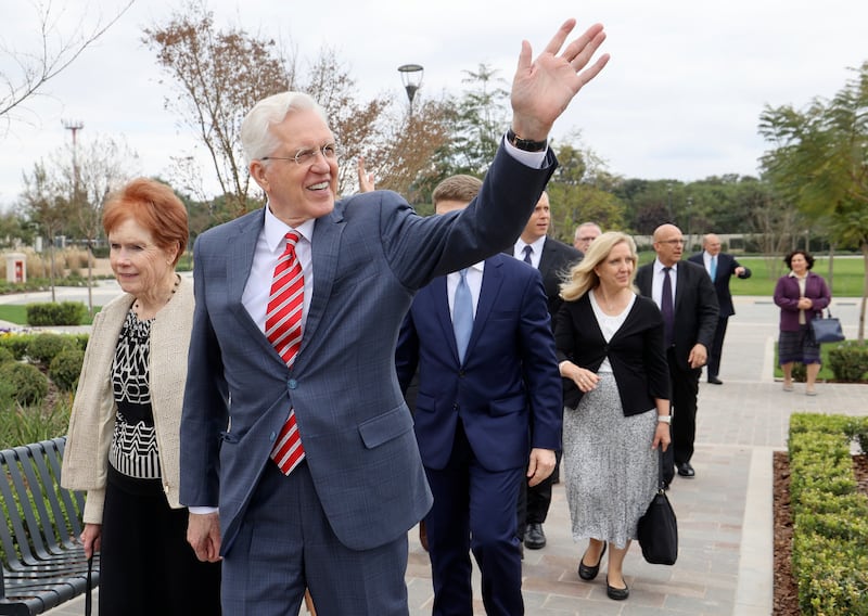 Sister Kathy Christofferson and Elder Todd Christofferson arrive at the Salta Argentina Temple.