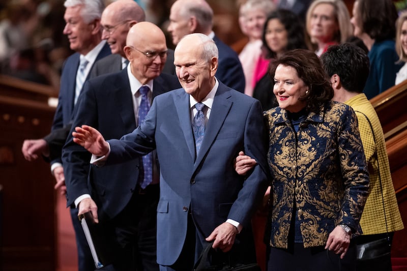 President Russell M. Nelson and his wife, Sister Wendy Nelson, leave at the end of the women’s session of the 192nd Annual General Conference at the Conference Center in Salt Lake City on Saturday, April 2, 2022.