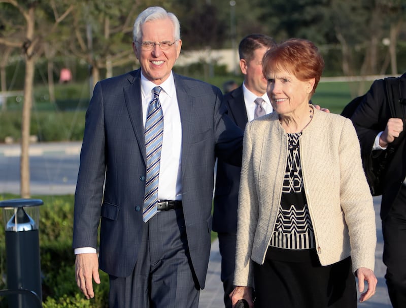 Elder Todd Christofferson and Sister Kathy Christofferson arrive for the dedication of the Salta Argentina Temple.