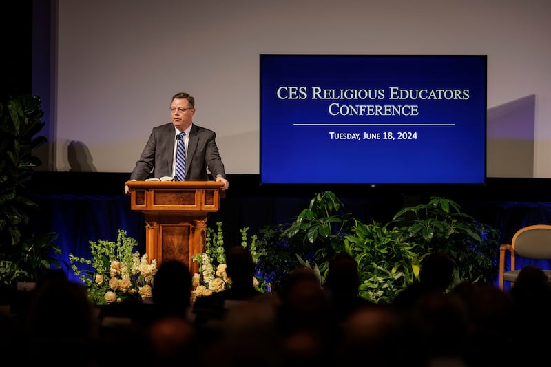 Elder Clark G. Gilbert, the commissioner of Church education, speaks during the first-ever Religious Educators Conference held in the Joseph Smith Building on the BYU campus in Provo, Utah, on Tuesday, June 18, 2024.