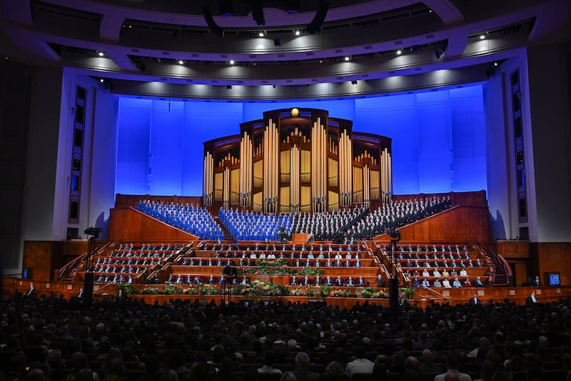 Tabernacle Choir members sing during the afternoon session of the 194th Annual General Conference of The Church of Jesus Christ of Latter-day Saints, at the Conference Center in Salt Lake City on Sunday, April 7, 2024.