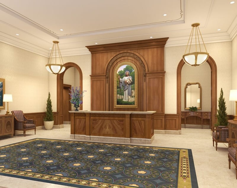 A rendering of the lobby and recommend desk in the Deseret Peak Utah Temple.