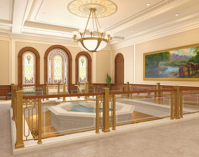 A rendering of the baptistry of the Deseret Peak Utah Temple.